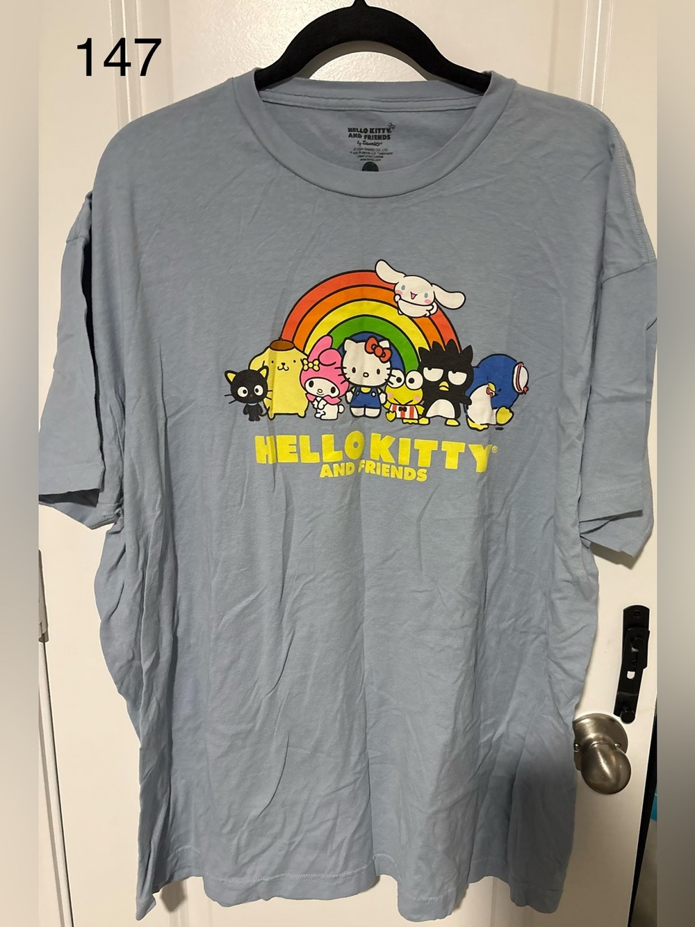 Bioworld Hello Kitty and Friends Light Blue Tee with Rainbow Graphic